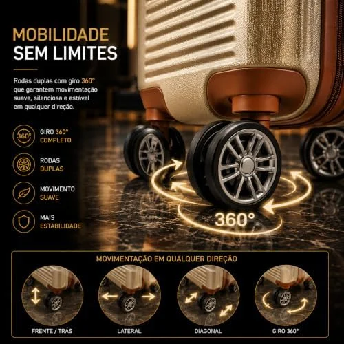Mala de Bordo Premium 10kg ANAC com Rodas Duplas 360° e Cadeado TSA AntiFurto Rígida Leve Resistente Elegante para Viagens Curtas Avião e Bagagem de Mão Executiva (Champagne)