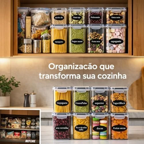 Kit 15 Potes Herméticos para Armazenamento de Alimentos, BPA Free, Plástico PP, com Travas Laterais e Vedação em Silicone, Empilháveis para Organização de Cozinha Linha Gourmet Premium