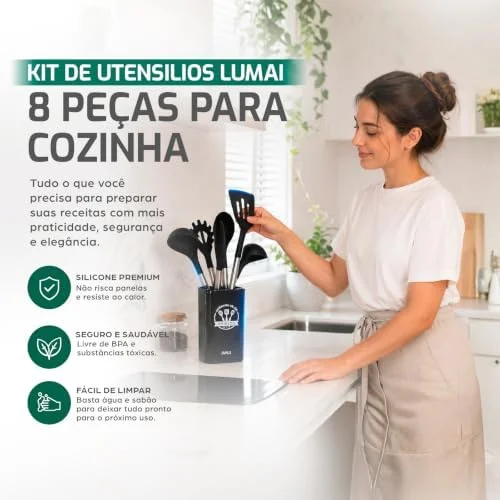 LUMAI Kit Utensílios de Cozinha Inox e Silicone 8 Peças com Suporte - Preto