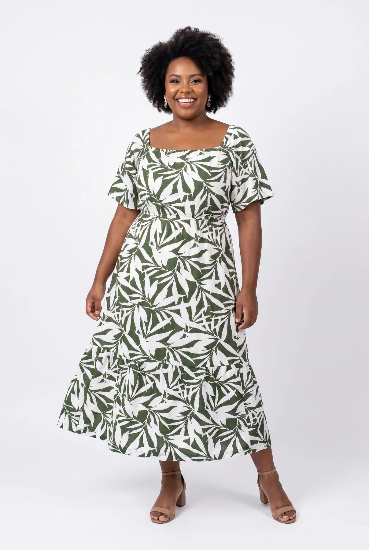 Vestido Midi Feminino Verde Estampa Botânica Decote Quadrado - imagem 1