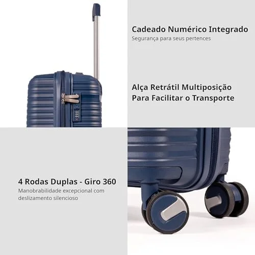 Mala De Bordo 10Kg Polipropileno Medidas 55x35x25 Padrão Anac Mala De Viagem Pequena De Mão 4 Rodas Duplas 360° Cadeado Segredo Zíper Antifurto Rígida Leve (AZUL, PEQUENA)