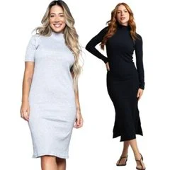 Combo Vestido Midi Manga Longa e Curta Vekyo Gola Alta Blogueira Canelado Moda Casual Feminina
