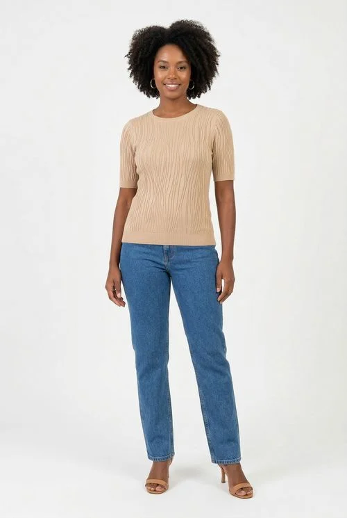 Blusa Feminina Tricot Canelada Bege Manga Curta