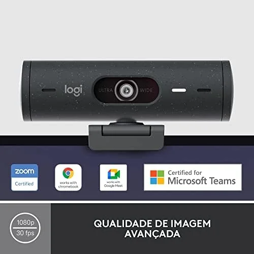Webcam Full HD Logitech Brio 500, Câmera para PC com Microfones Duplos, Privacidade Integrada, RightLight 4 e Enquadramento Automático - Grafite