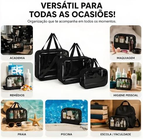Kit Necessaire 3 em 1 Bolsa de Viagem para Maquiagem e Higiene Pessoal Unissex Washbag Transparente – Grande Capacidade Organizador em PVC Impermeável Ideal para Academia, Mala, Mala de Mão (Preto)
