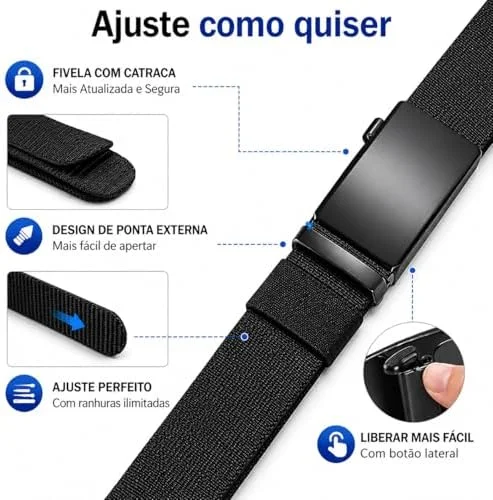 Cinto Nylon Largo com Fivela de Metal Catraca, Ajuste Sem Furos, Engate Rápido, Resistente, Unissex, Uso Casual, Social, Outdoor, Trabalho, Alta Durabilidade