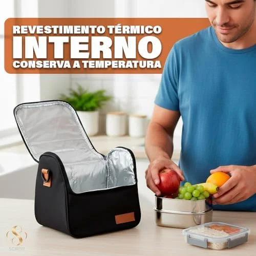 Bolsa Térmica Lancheira com Alça de Ombro para Marmita - Academira, Trabalho, Escola, Faculdade e Passeios - Marmiteira Impermeável Resistente 7 Litros - Cor PRETA