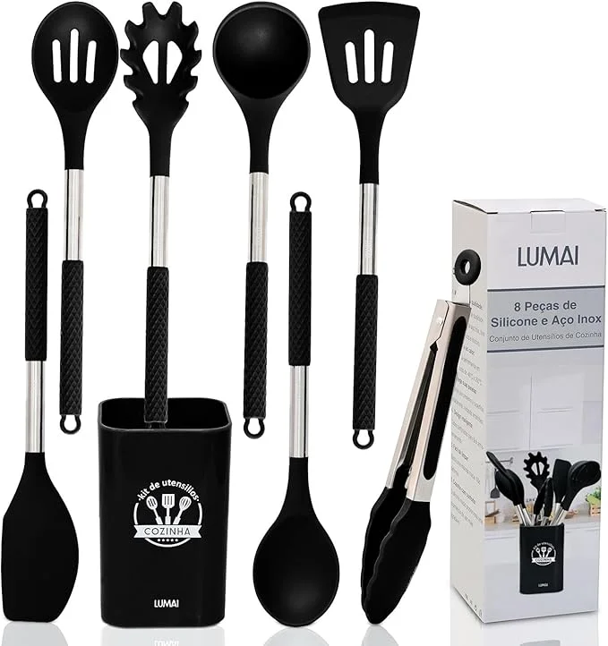 LUMAI Kit Utensílios de Cozinha Inox e Silicone 8 Peças com Suporte - Preto