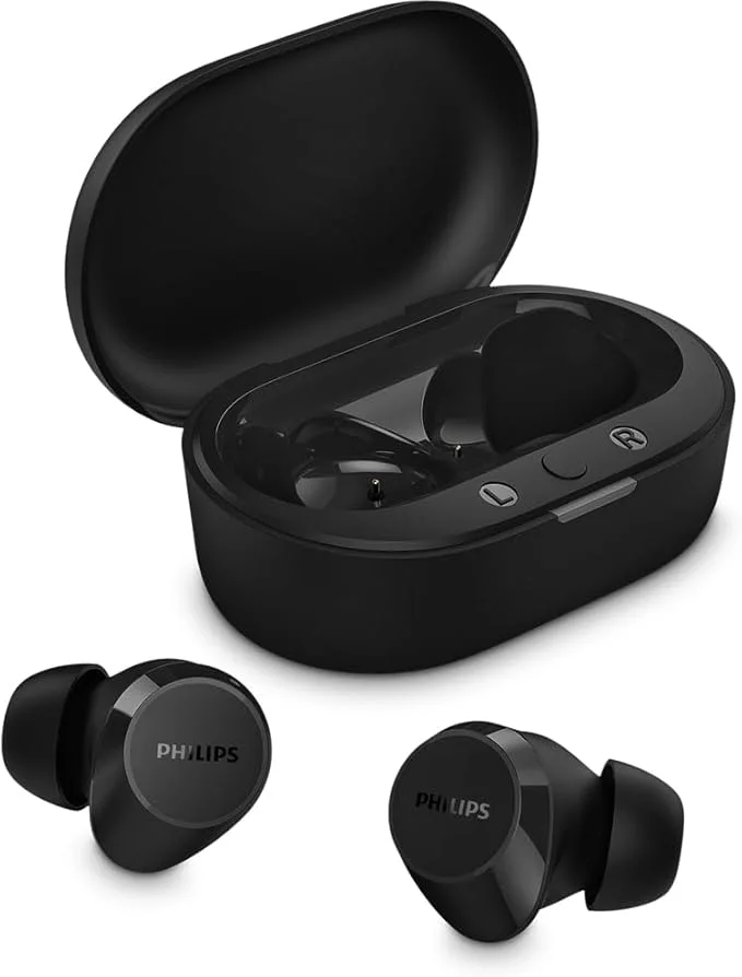 Fone de ouvido sem fio TWS Philips TAT1209BK/00 na cor preto, com bluetooth, microfone, tecnologia IPX4 e 18 horas de reprodução.