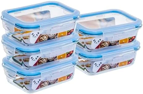 Gato Panda KIT 5 Potes de Vidro Retangular com Tampa Hermética 640ml Branco ou Azul