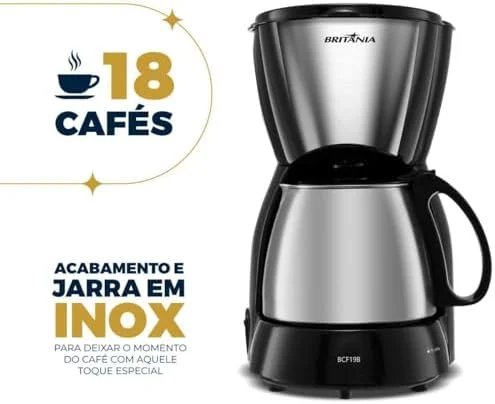 Cafeteira Britânia 18 Cafézinhos Jarra de Inox BCF19B 550W Preto 127V