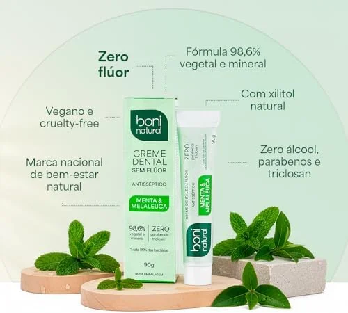 BONI NATURAL - Creme Dental com óleos naturais de Menta e Melaleuca Vegano e Natural, Sem Flúor, Sem Triclosan, 90g