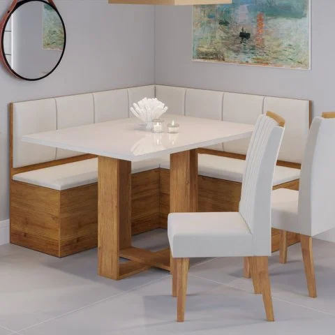 Conjunto Canto Baú com Mesa de Jantar Retangular 120x80cm de Vidro e 2 Cadeiras Yescasa Bege/Mel/Off White/Marfim