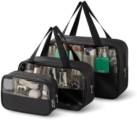 Kit Necessaire 3 em 1 Bolsa de Viagem para Maquiagem e Higiene Pessoal Unissex Washbag Transparente – Grande Capacidade Organizador em PVC Impermeável Ideal para Academia, Mala, Mala de Mão (Preto)