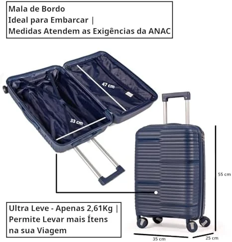Mala De Bordo 10Kg Polipropileno Medidas 55x35x25 Padrão Anac Mala De Viagem Pequena De Mão 4 Rodas Duplas 360° Cadeado Segredo Zíper Antifurto Rígida Leve (AZUL, PEQUENA)