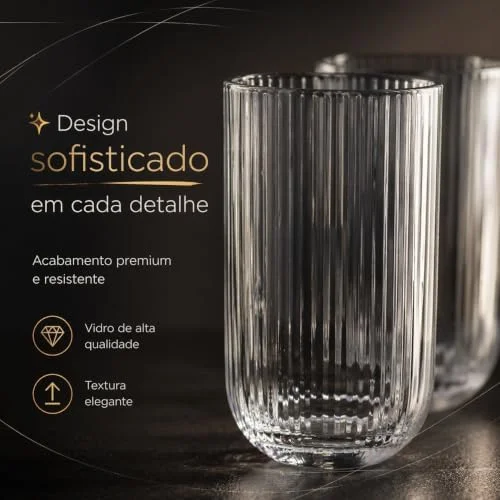 Jogo 6 Copos Vidro Canelado 423ml Elegante Água Suco Refrigerante Drinks