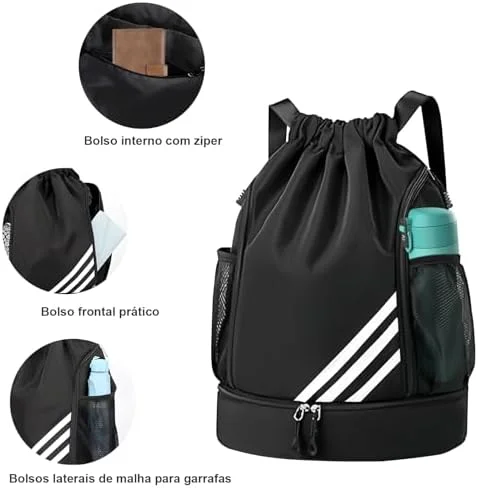 Mochila Esportiva com Cordão, Separação seca e húmida, Mochila de grande capacidade para viagens de lazer, Bolsos Laterais em Malha, Preto com Listras