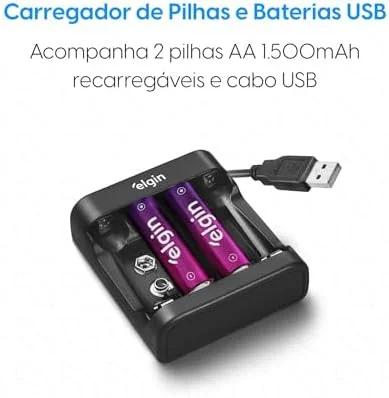 Carregador de Pilhas e Baterias USB com 2 Pilhas AA 1500mAh recarregáveis