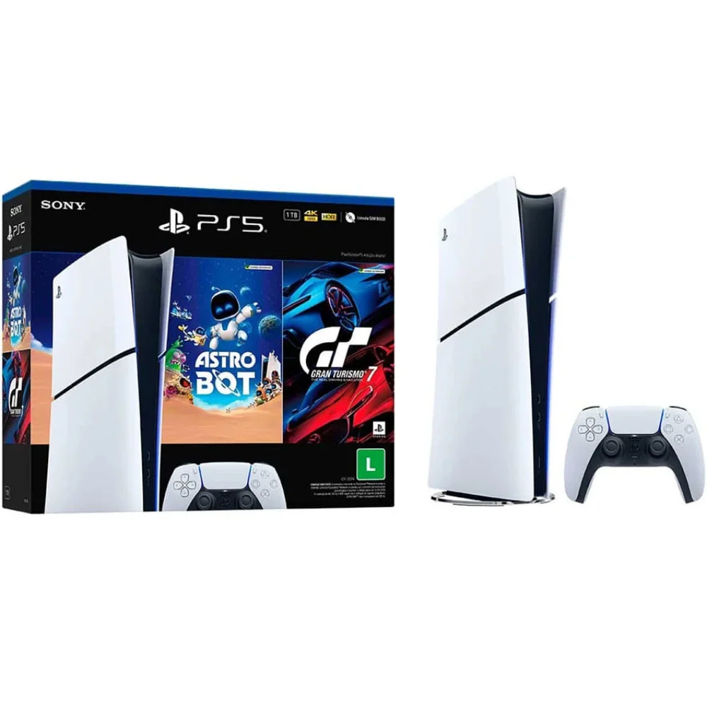 Console PlayStation 5 Slim Digital Sony Bundle Astro Bot e Gran Turismo 7 1TB Branco