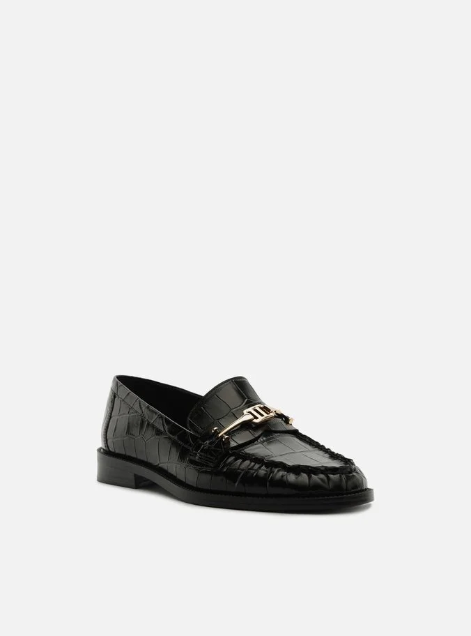 Mocassim Preto Couro Salto Bloco Croco Bridão
