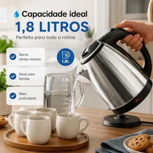 Chaleira Elétrica Inox 110V 1,8L Aquecimento Rápido Desligamento Automático | Aquecimento Rápido, Aço Inoxidável, Ideal para Café e Chá, Design Moderno