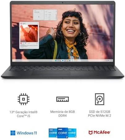 Notebook Dell Inspiron 15 3530, 15.6" Full HD (1920x1080), Intel Core i5‑1334U, 8 GB RAM, 512 GB SSD, Windows 11 Home, Preto