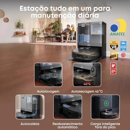 eufy X10 Pro Robô aspirador, Aspiração forte, Evita obstáculos com Laser e IA, Lava e seca sozinho, Esvazia e repõe água automaticamente, Escovas antiembaraço, Perfeito para casas com pets, 220V.