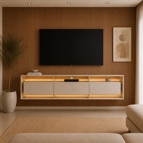 Rack para TV até 84 Polegadas Suspenso com LED 220cm Madison Yescasa Bege