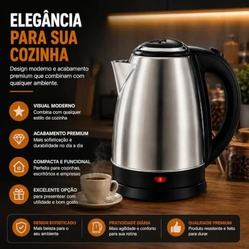 Chaleira Elétrica 2 Litros Inox Desligamento Automatico Cor Aço 220V Aquecimento Rápido Segura Café Chá Fácil Abertura Premium GT (220V)