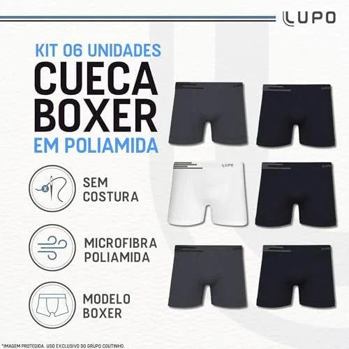 Kit 6 Cuecas Lupo Boxer Masculinas Microfibra de Poliamida Sem Costura Adulto