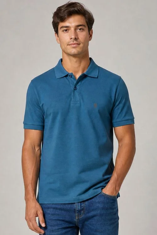 Polo Piquet Com Botão Lisa Polo Wear Azul Petróleo