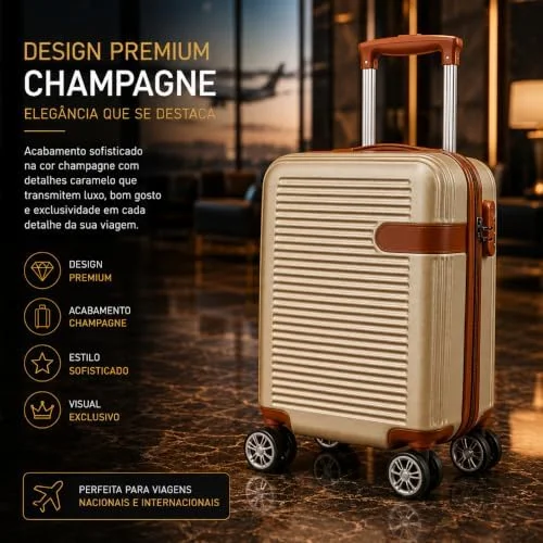 Mala de Bordo Premium 10kg ANAC com Rodas Duplas 360° e Cadeado TSA AntiFurto Rígida Leve Resistente Elegante para Viagens Curtas Avião e Bagagem de Mão Executiva (Champagne)