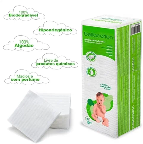 Kit Algodão Bellacotton Quadrado Hipoalergênico para Bebês (3 Pcts - 300 unidades)
