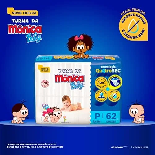 Fralda Turma da Mônica Baby Mega P 62 Unidades