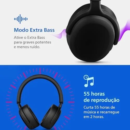 PHILIPS, Headphone Bluetooth, TAH2300BK/00, Com Microfone, Até 55 horas de bateria, Design Over-ear, Dobrável, Preto