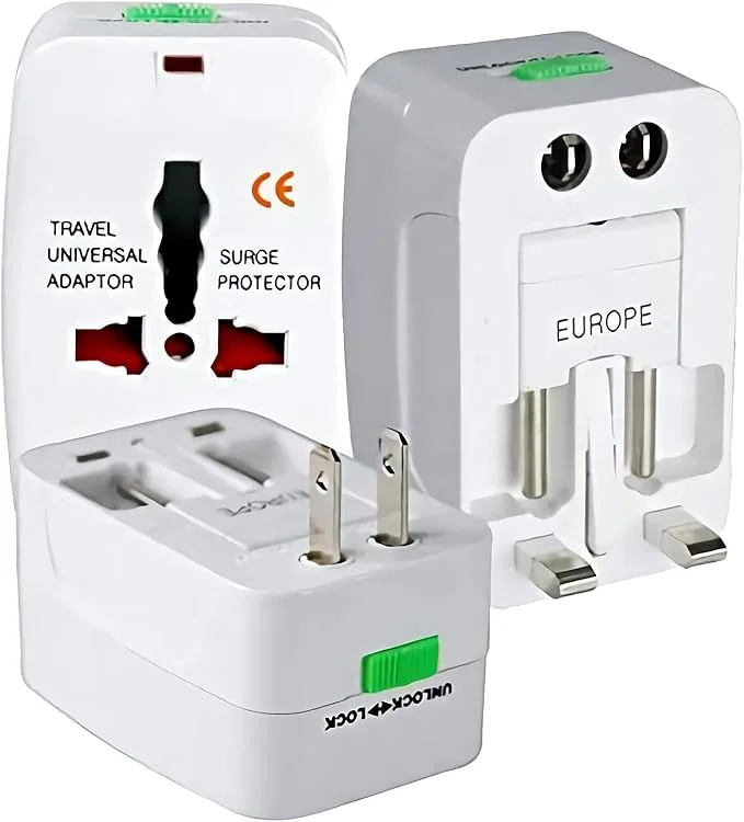 Adaptador de Tomada Universal Para Viagem Padrão Internacional Europa UK Asia EUA JP AU EU Europeu 3 Pinos Mais de 150 Países Bivolt Trava de Segurança Portátil Ajustável Super PREMIUM