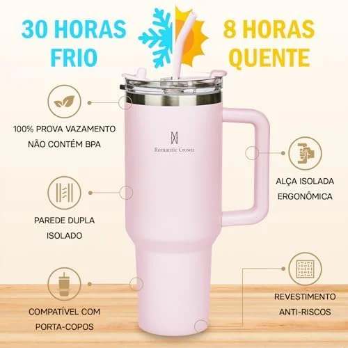 Romantic Crown Copo Térmico com Canudo Tampa e Alça 1,18L, Copos Garrafas Termico para viagem vácuo dupla camada aço inoxidável, Caneca Termica Cafe Água Chá,Presente, Fitness (Rosa claro)