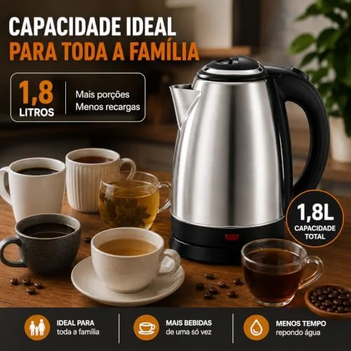 Chaleira Elétrica 2 Litros Inox Desligamento Automatico Cor Aço 220V Aquecimento Rápido Segura Café Chá Fácil Abertura Premium GT (220V)