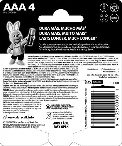 Duracell Pilhas Alcalinas AAA Palito Pack 4 Unidades – Dura Mais – Ideal para Controles Remotos Brinquedos e Lanternas