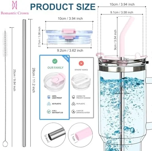 Romantic Crown Copo Térmico com Canudo Tampa e Alça 1,18L, Copos Garrafas Termico para viagem vácuo dupla camada aço inoxidável, Caneca Termica Cafe Água Chá,Presente, Fitness (Rosa claro)