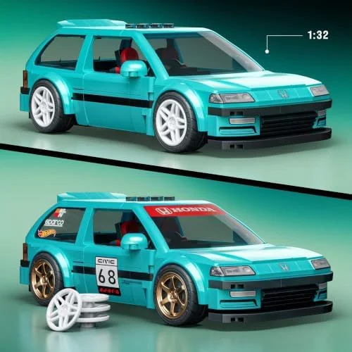 Mattel Brick Shop Hot Wheels 1990 Honda Civic EF Speed Series Custom Building Set with 248 Pieces, Realistic Details and Customization Stickers, JHF62