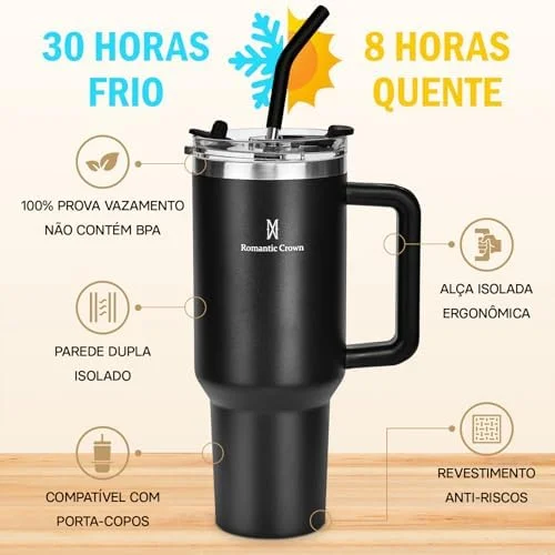 Copo Térmico 1,18L em Aço Inoxidável com Canudo, Tampa e Alça, Preto