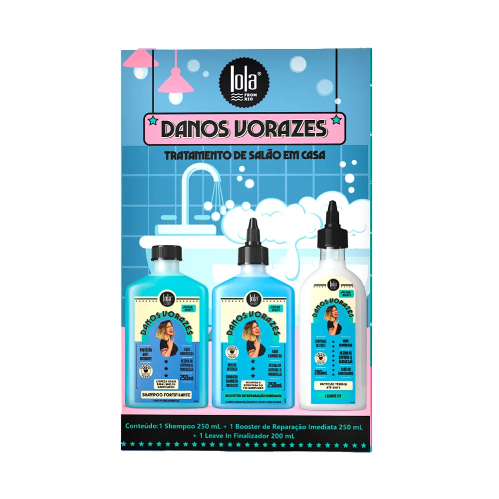 Kit Danos Vorazes Lola Shampoo 250ml + Booster Reparação Imediata 250ml e Leave In Finalizador 200ml